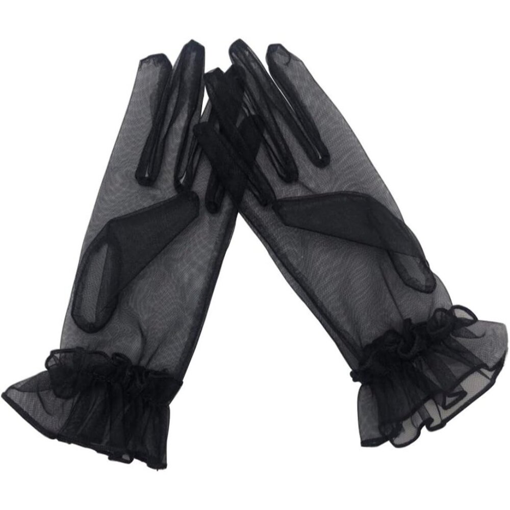 Women's Blue Ruffled Tulle Mesh Evening Short Gloves Wedding Party Prom